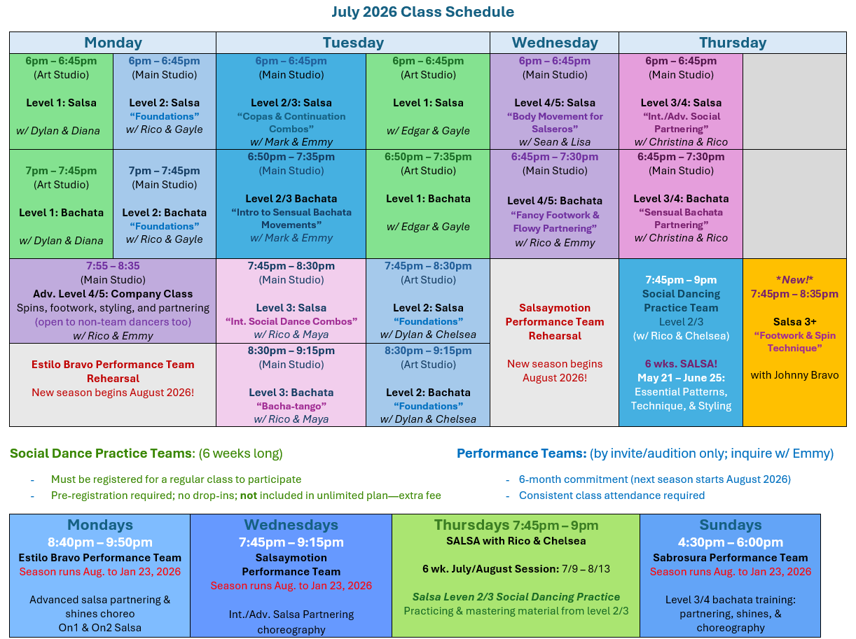 July 2026 Class Schedule